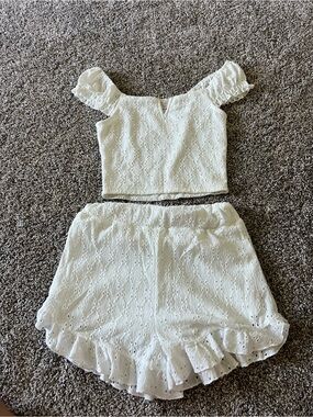 SO White Eyelet Off-Shoulder Crop Top & Ruffle Shorts Set